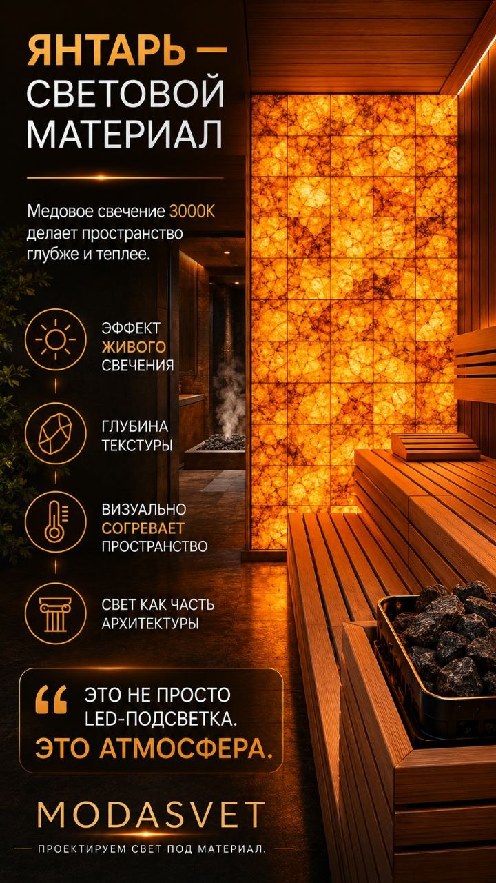 Янтарь в сауне — это уже не просто отделка. Это световой материал.