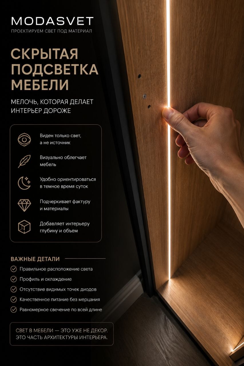 СКРЫТАЯ ПОДСВЕТКА МЕБЕЛИ: МЕЛОЧЬ, КОТОРАЯ ДЕЛАЕТ ИНТЕРЬЕР ДОРОЖЕ
