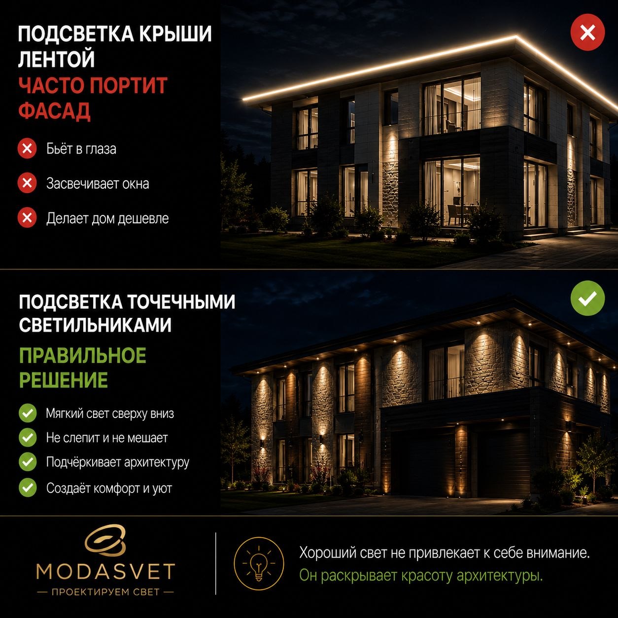 ❌ ПОДСВЕТКА КРЫШИ ЛЕНТОЙ — НЕ ВСЕГДА ХОРОШЕЕ РЕШЕНИЕ